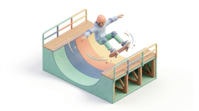 Skateboarder performing a trick on a colorful halfpipe ramp in isometric 3D style.