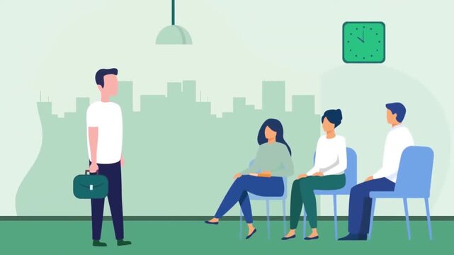 2D animation of a manager holding a briefcase greeting job candidates waiting on chairs in office lobby area