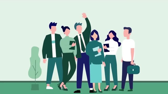 2D animation of a diverse team of employees raising arms celebrating success and victory in office room scene