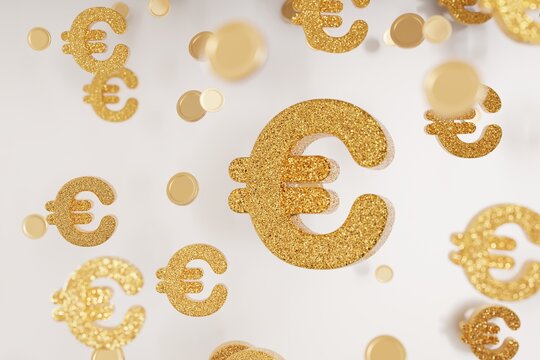 Floating euro signs are shown in gold color and 3D design. The signs have a glittery texture and are placed against a plain white background. This design emphasizes the concept of money