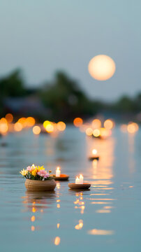 Asian festival Yi Peng lanterns floating on water at night, background
