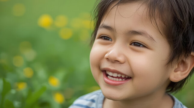 Asian child laughing happily in garden portrait with yellow flower bokeh