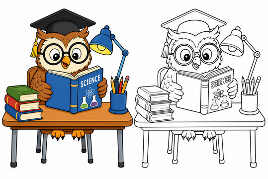 Wise cartoon owl wearing graduation cap reading science book, kids educational back to school coloring page vector