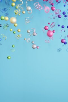 Rainbow confetti floats down over a soft blue surface. The 3D render shows various shapes and colors. This colorful scene offers a bright area for added text or artwork