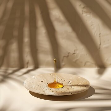 social media promo background for luxury artisanal honey. A round travertine stone coaster on a soft beige plaster background, with a drop of liquid gold honey falling into focus.