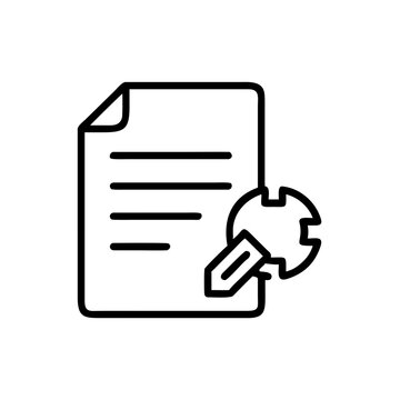 Document management with wrench tool, black line vector icon.