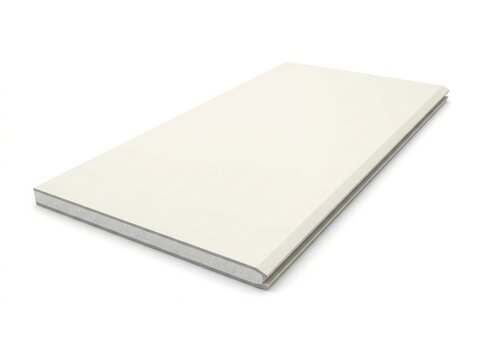 Insulated sandwich panel for building construction. White metal sheet with polyurethane foam core. Modern composite cladding material for thermal insulation and industrial architecture