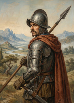 Medieval Soldier in Morion Helmet and Red Cloak Holding Spear in Countryside, Portrait