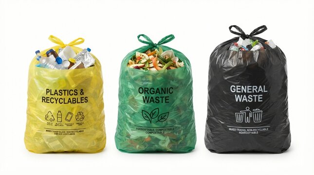 Colorful plastic waste bags filled with various sorted trash items representing organized recycling sorting systems for sustainable waste management practices isolated on a white background studio