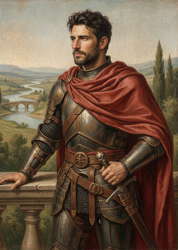 Armored Knight in Detailed Plate Armor with Red Cloak Overlooking River, Oil Painting