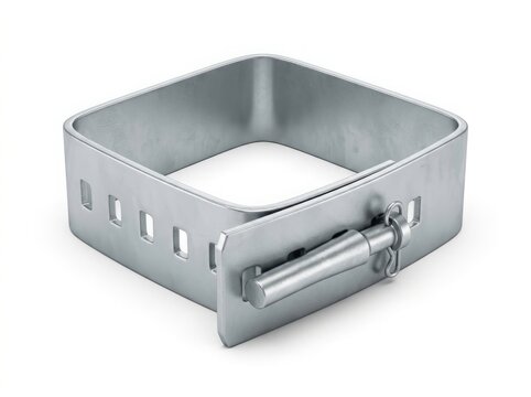 Square metal clamp with locking pin and cotter key 3D render. Heavy duty galvanized steel strap fastener isolated on white background. Industrial hardware for construction and securing equipment
