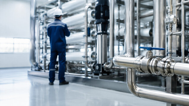 Engineer man in hard hat checking industrial water filtration system with stainless pipes and membrane filter. Water treatment plant equipment purification technology concept.