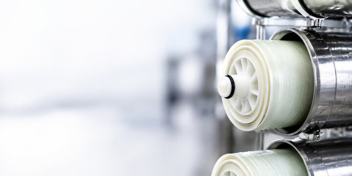 Industrial membrane filter element for reverse osmosis water purification system. White cylinder in stainless steel housing. Clean liquid filtration technology concept.