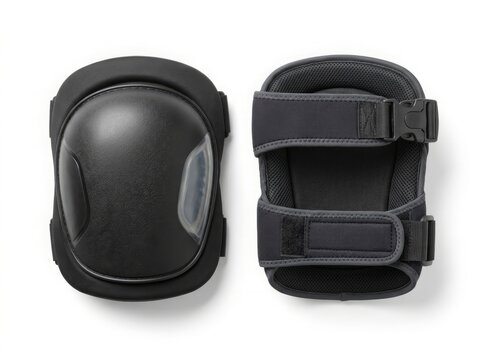 Black protective knee pads isolated on white background. Pair of heavy duty work safety gear showing front hard shell and back adjustable straps. Professional equipment for construction and sports