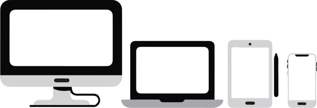 A collection of modern digital devices including a desktop computer laptop tablet and smartphone.
