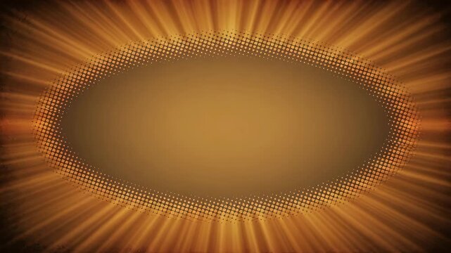 Abstract retro pattern golden sunburst oval frame with halftone glow and warm brown center, brown radiant oval frame with halftone edge and warm glow, background with warm gold light and dotted oval