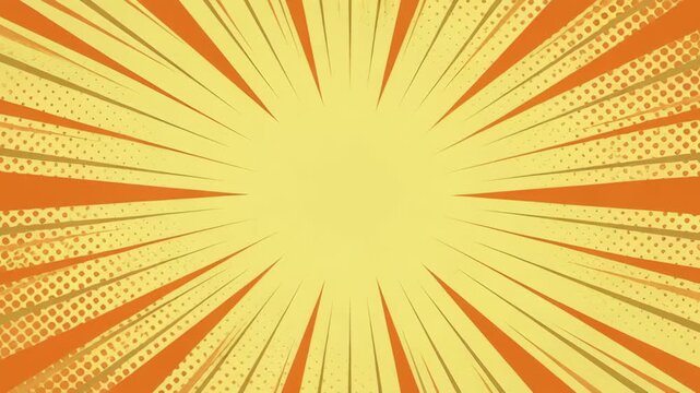 Abstract retro pattern yellow orange sunburst radial background with warm comic style texture, energetic vintage design and bright center, radial dot texture SEO friendly design