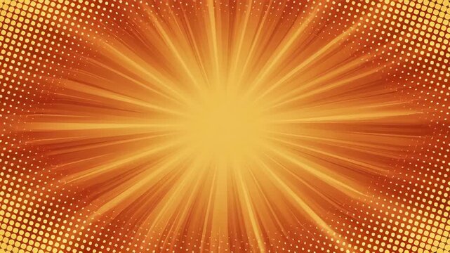 Abstract retro pattern orange sunburst light background with glowing radial lines and dotted halftone edge, bright radial light burst comic style, energetic warm glow, searchable SEO background design