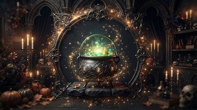 Mystical glowing green crystal ball inside a dark candlelit wizard workshop with ancient books and occult artifacts