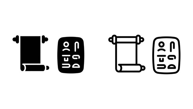 Ancient Scroll and Hieroglyphs: Two representations of an ancient scroll, one solid black and one outlined, alongside a tablet displaying Egyptian hieroglyphs.