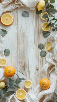 Flat lay vertical  background, warm rustic oak wooden surface with scattered fresh citrus slices, eucalyptus sprigs, and a linen napkin 