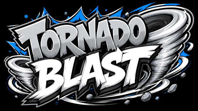 Dynamic Tornado Blast typography logo design with swirling wind elements on black background.