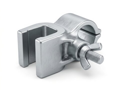 Metal tube clamp hardware photo. Industrial steel pipe coupler with wing nut screw isolated on white. Heavy duty scaffolding connector and rigging equipment for construction and studio use