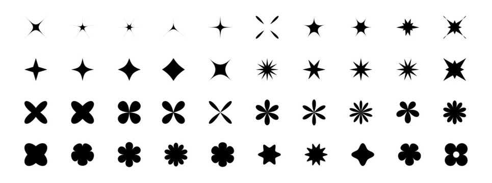 Minimalist Brutalist Sparkle Star and Geometric Shape Silhouette Vector Icon Set for Retro Y2K Graphic Designs Patterns Branding and UI Elements