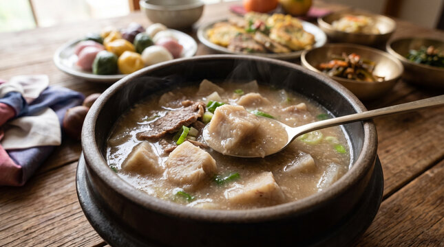 Toranguk, a traditional Korean soup made with taro root simmered in a clear beef broth.