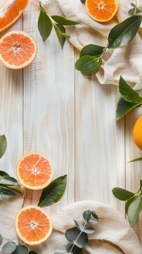 Flat lay vertical  background, warm rustic oak wooden surface with scattered fresh citrus slices, eucalyptus sprigs, and a linen napkin 