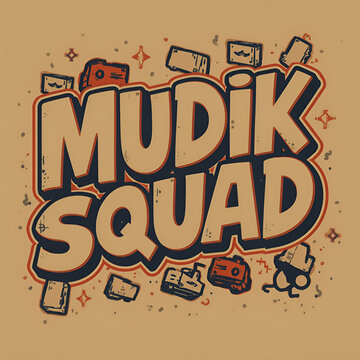 Mudik Squad typography design with travel icons and retro aesthetic.