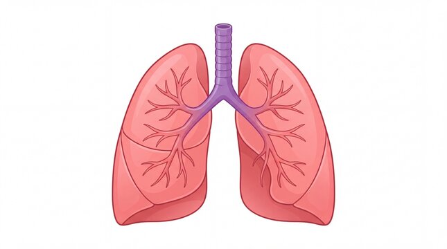 Human lungs anatomical illustration featuring pink pulmonary lobes and purple bronchial tubes on white background