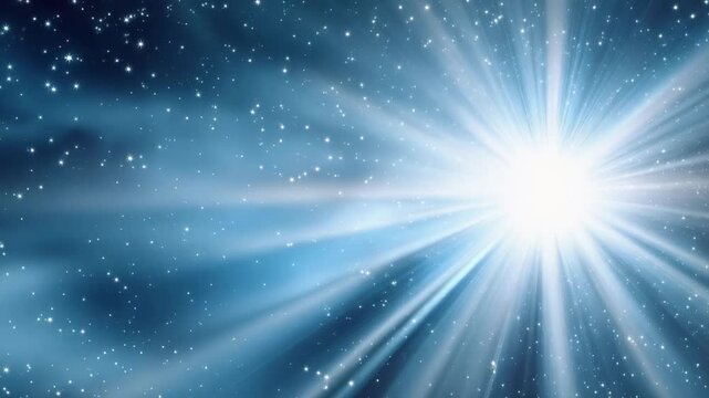 A bright, radiant light bursts forth in a cosmic nebula, scattering stardust across a deep blue expanse. ..Created with Generative AI, not depicting real subjects.
