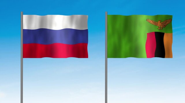 Flag of Zambia and Russia, Pole flag of Zambia and Russia on clear sky background. Zambia and Russia flag waving. 
