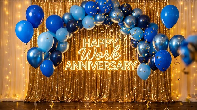 Blue and gold balloons celebrate work anniversary with neon sign