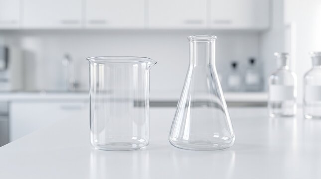 Empty Clear Glass Laboratory Beakers and Erlenmeyer Flasks on a Clean White Modern Science Research Facility Table