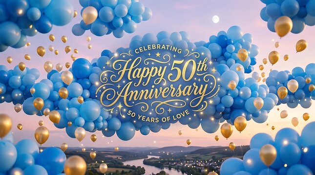 Blue and gold balloons celebrating 50th anniversary over landscape celebration