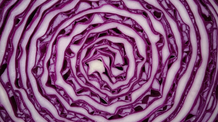 Obraz premium Sliced red cabbage revealing intricate spiral pattern in vibrant purple tones