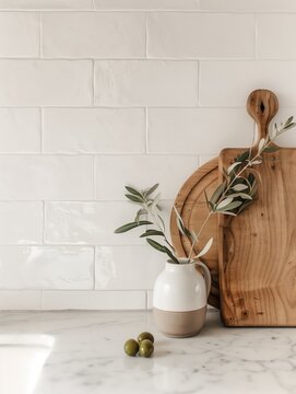 Aesthetic product listing template for kitchenware. On the right, a smooth white marble kitchen countertop edge with a small wooden cutting board and a tiny olive branch