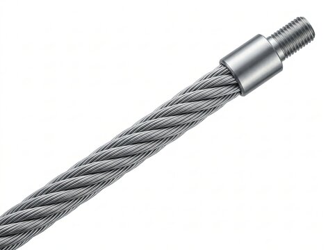 Steel wire rope with threaded stud terminal photo. Heavy duty braided stainless steel cable with metallic hardware fitting. Industrial rigging equipment for construction and engineering