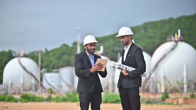 Engineers wearing safety gear, including hard hats examining survey a large blueprint tablet standing industrial facility gas or oil refinery engaged in a job requires high safety standards concept.	