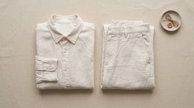 Folded Organic Linen Shirt and Trousers Set on Neutral Fabric Background with Decorative Wooden Buttons