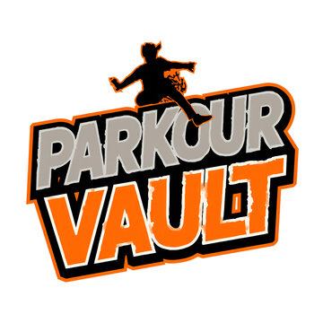 Graphic logo design featuring a silhouette of a person performing a parkour vault jump.