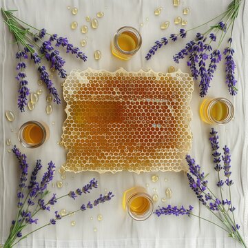 Top-down flat lay shot for natural honey branding. Real bee honeycomb frames, sprigs of lavender, and small glass jars 