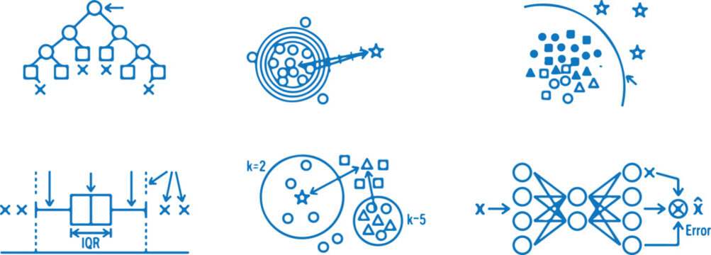  Machine learning models statistical data analysis and artificial intelligence blue linear icon set