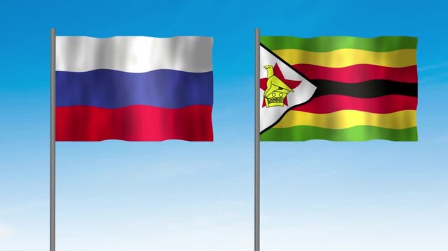 Flag of Zimbabwe and Russia, Pole flag of Zimbabwe and Russia on clear sky background. Zimbabwe and Russia flag waving. 
