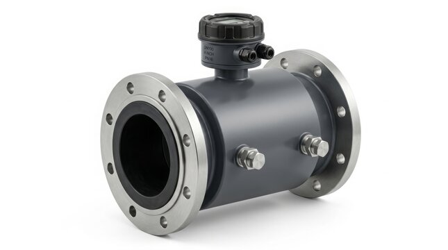 Electromagnetic flow meter for industrial water pipe systems. Dark grey sensor body with stainless steel flanges and electronic transmitter module. Professional instrumentation photo for engineering