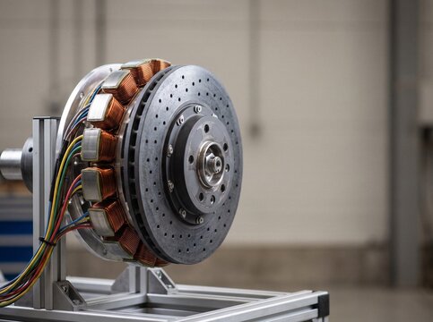 Electric vehicle regenerative braking system on a test rig showing a carbon-ceramic brake disc and copper electromagnetic stator coils.