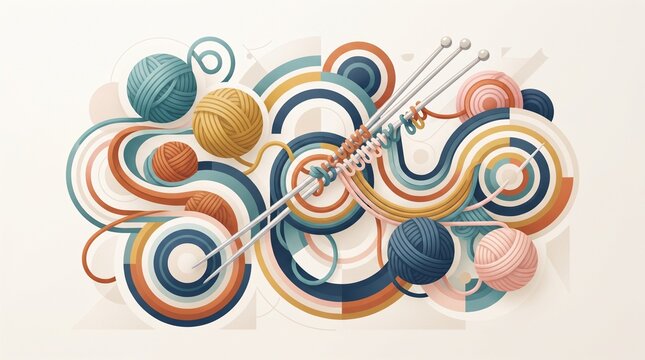 Abstract Modern Yarn Composition with Flowing Threads and Knitting Needles, flat design artwork for creativity, textile crafts, handmade concepts and contemporary design.