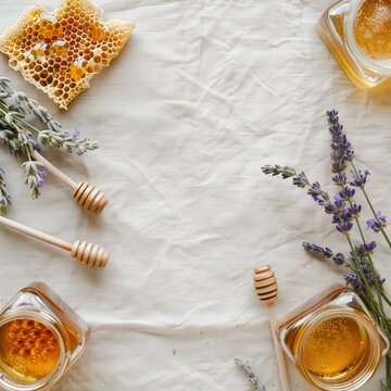 Top-down flat lay shot for natural honey branding. Real bee honeycomb frames, sprigs of lavender, and small glass jars 
